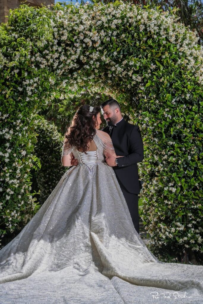 a man and woman in a wedding dress