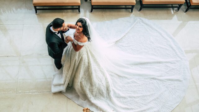 a man and woman in a wedding dress