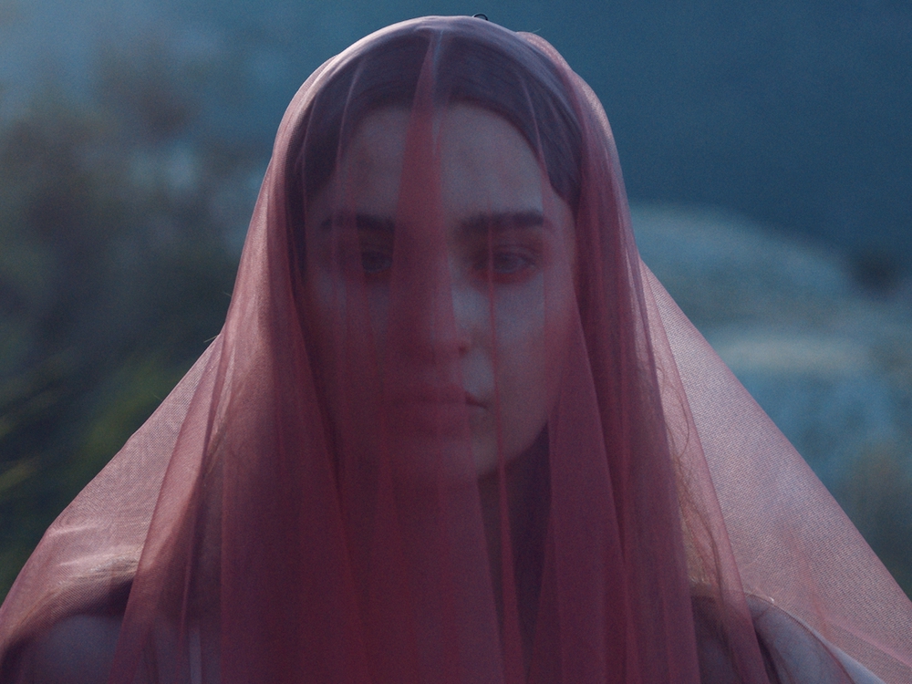a woman with a pink veil
