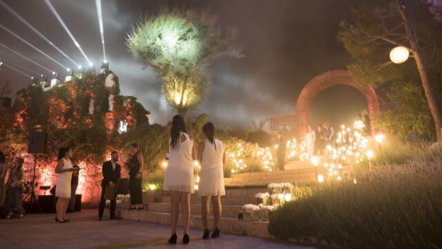 a group of people standing on steps with lights and trees