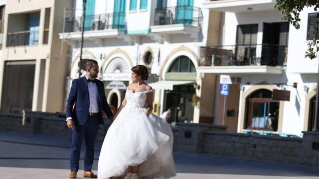 a man and woman in a wedding dress