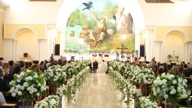 a group of people in a church