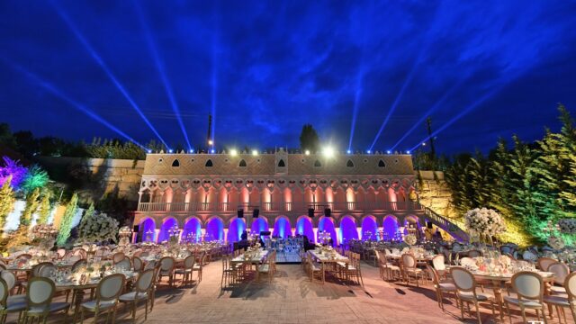 a large outdoor setting with tables and chairs