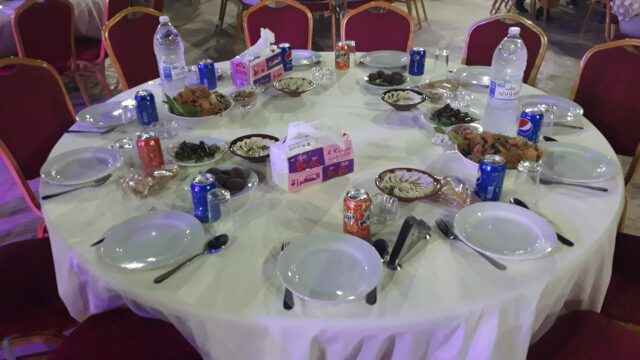 a table with food and drinks on it