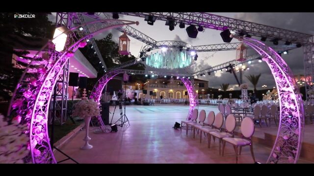 a stage with chairs and lights