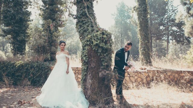 a man and woman in wedding dress