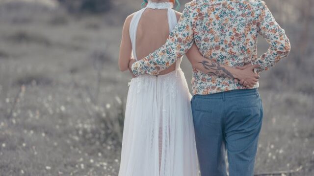 a man and woman in a dress