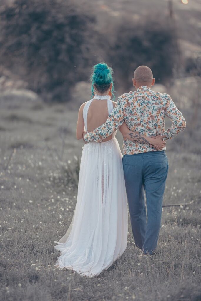 a man and woman in a dress