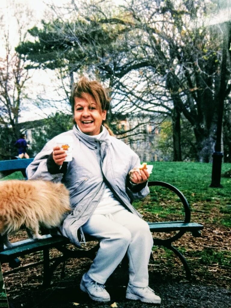 a woman sitting on a bench with a cat and a hot dog