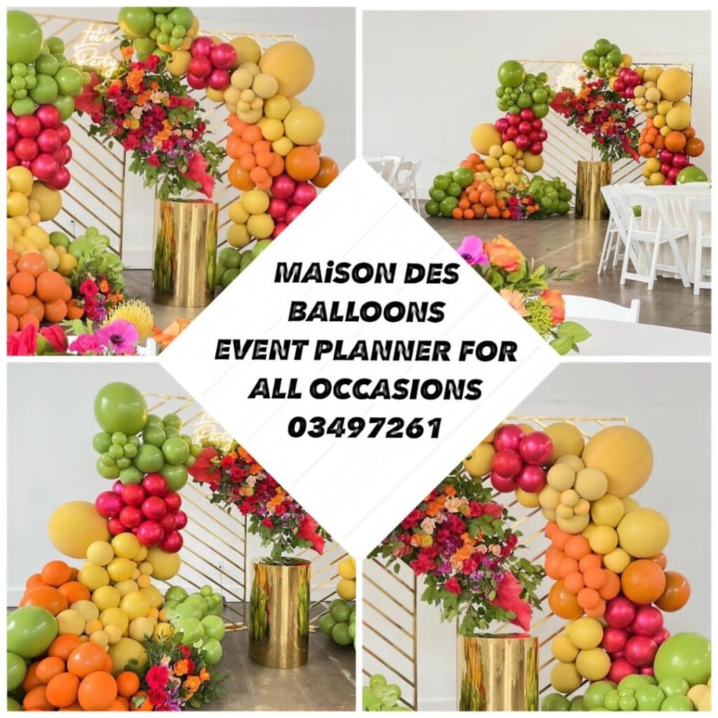 A Maison des ballons collage of balloons and flowers.