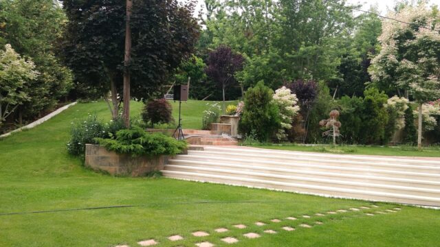 a garden with a set of stairs and trees