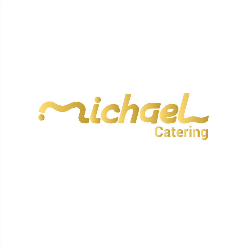 "a yellow logo on a white background for Michael Catering."