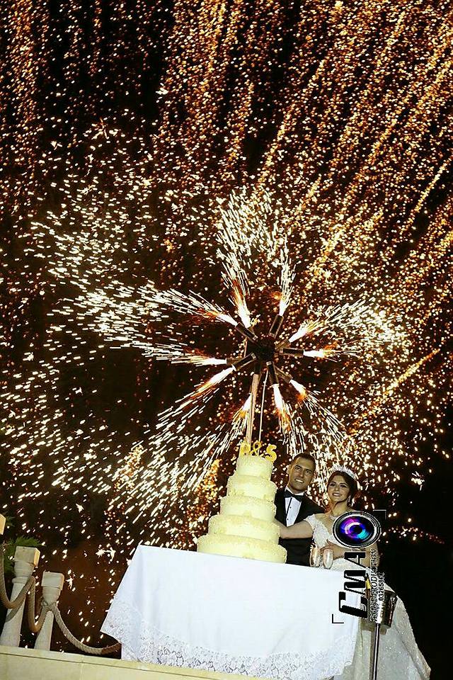 a couple standing next to a cake with fireworks in the background