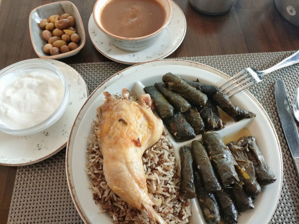 A plate of food on a table at the Socrate Restaurant.