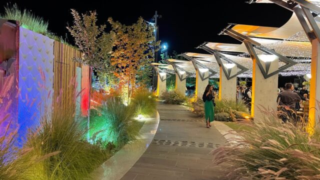 a woman walking down a walkway with lights