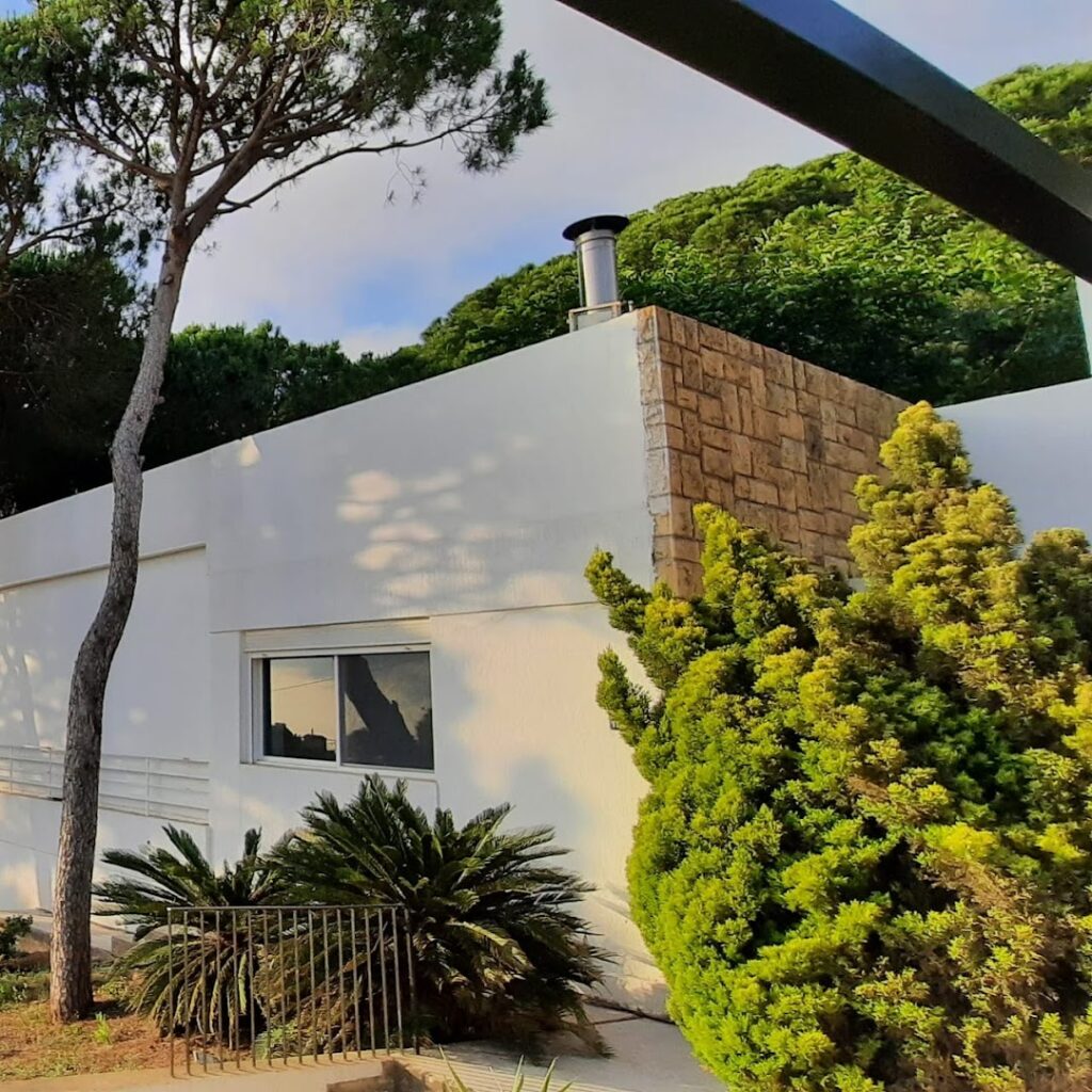 a white building with trees and a metal railing