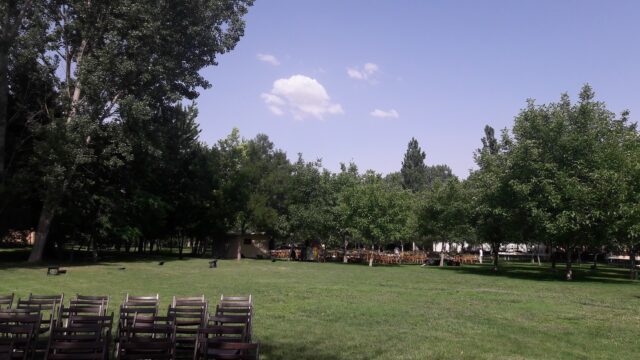 a group of chairs in a park