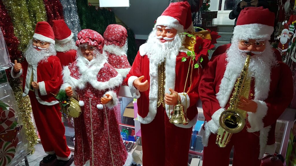 A group of Belle Vue Fireworks Santa Claus dolls.