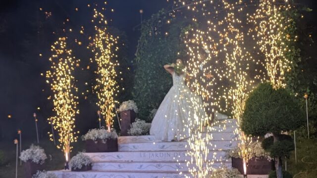 A woman in a dress on a staircase with lights, engulfed in the enchanting ambiance of "Jardin Des Lys".