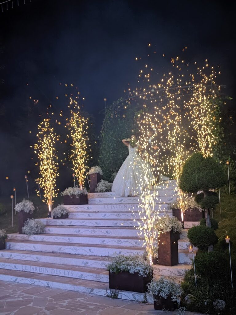 A woman in a dress on a staircase with lights, engulfed in the enchanting ambiance of "Jardin Des Lys".