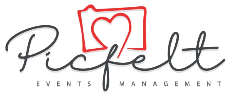 "A red and black logo with a heart representing Picfelt Events."