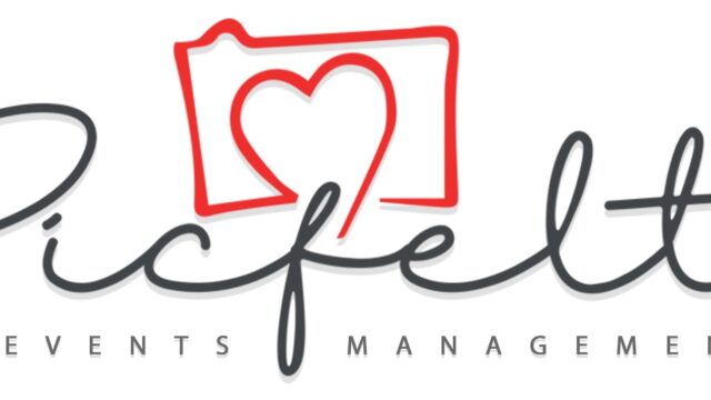 "A red and black logo with a heart representing Picfelt Events."