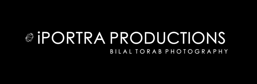 A black and white logo featuring the keyword "iPORTRA PRODUCTIONS BY BILAL TORAB PHOTOGRAPHY".
